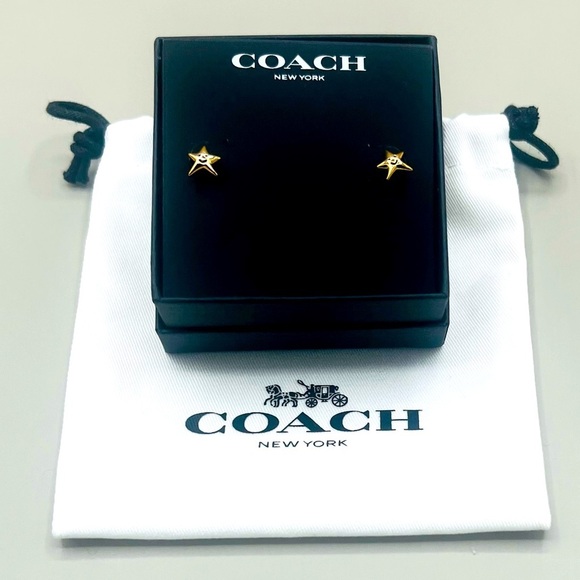 COACH Gold-Tone Smiley Face Star Stud Earrings with Original Coach Pouch NEW - Picture 2 of 11